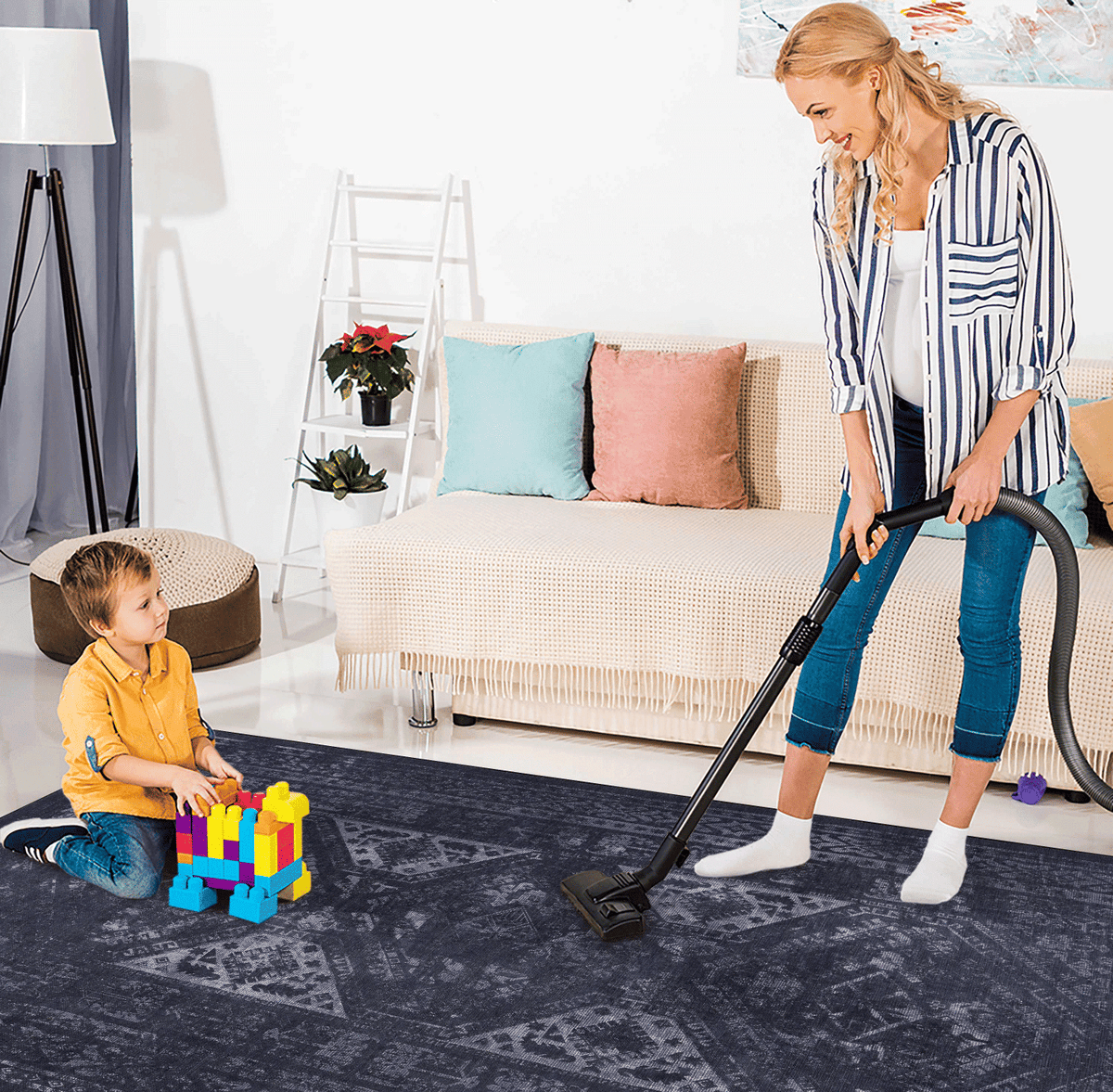 LOOM & LUXE Area Rug 5x8, Washable Rug, Low-Pile, Non-Slip, Non-Shedding, Foldable, Kid & Pet Friendly - Area Rugs for living room, bedroom, kitchen (Black/Gray, 5' x 8')