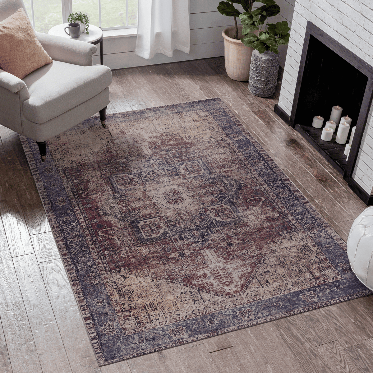 LOOM & LUXE 5x8 Area Rugs for Living Room, Washable Rug, Low-Pile, Non-Slip, Non-Shedding, Foldable, Kid & Pet Friendly - Area Rugs for living room, bedroom, kitchen (Burgundy/Blue, 5'x8')