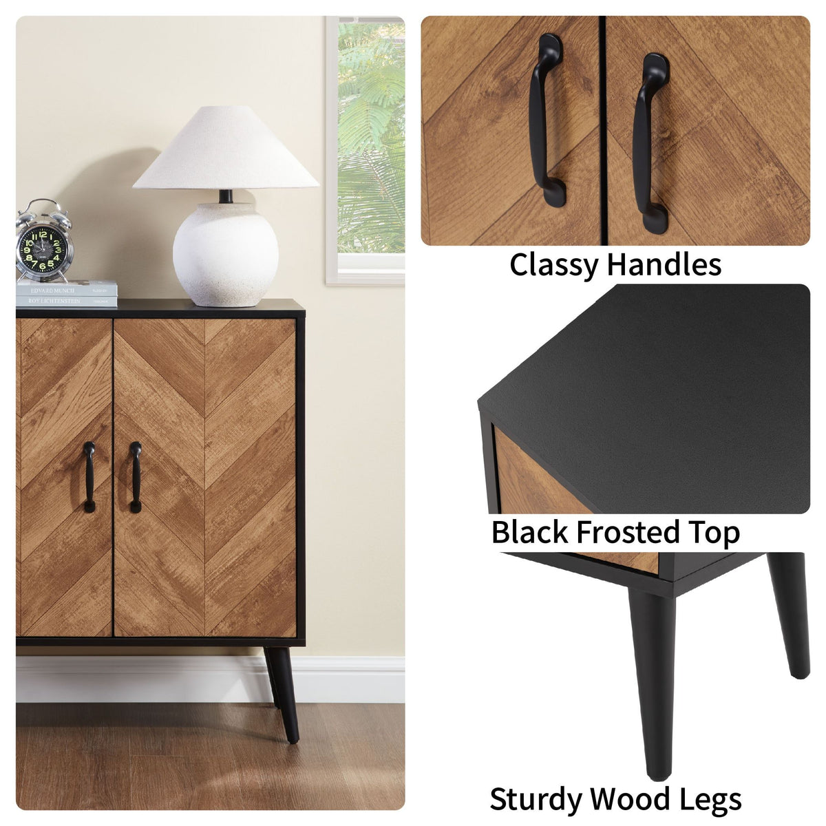 Accent Cabinet with Adjustable Shelf, Kitchen Storage Cabinet with Herringbone Design, Black Sideboard for Living Room, Kitchen, Entryway