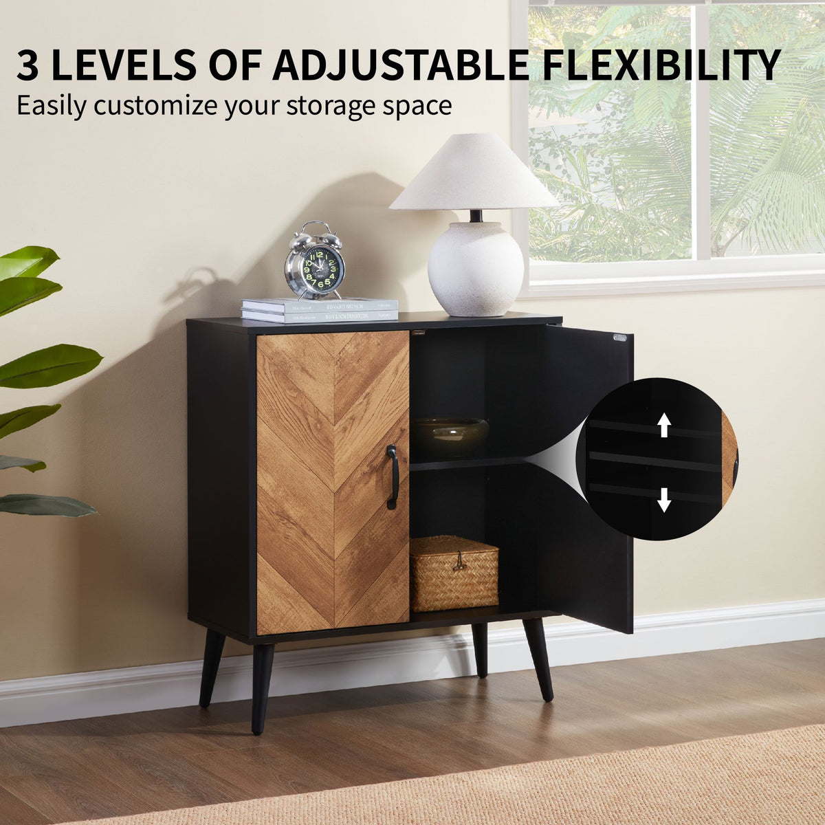 Accent Cabinet with Adjustable Shelf, Kitchen Storage Cabinet with Herringbone Design, Black Sideboard for Living Room, Kitchen, Entryway