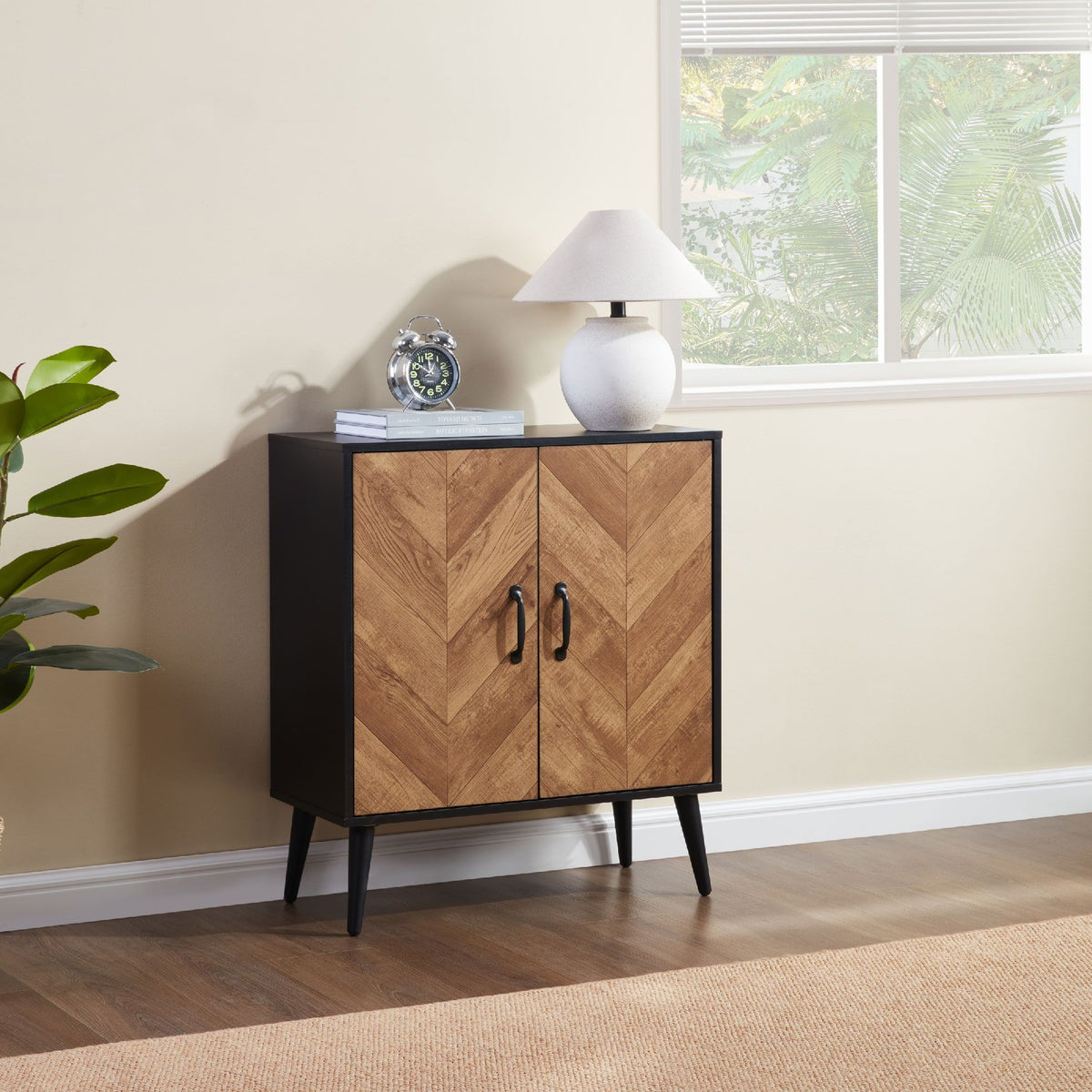 Accent Cabinet with Adjustable Shelf, Kitchen Storage Cabinet with Herringbone Design, Black Sideboard for Living Room, Kitchen, Entryway