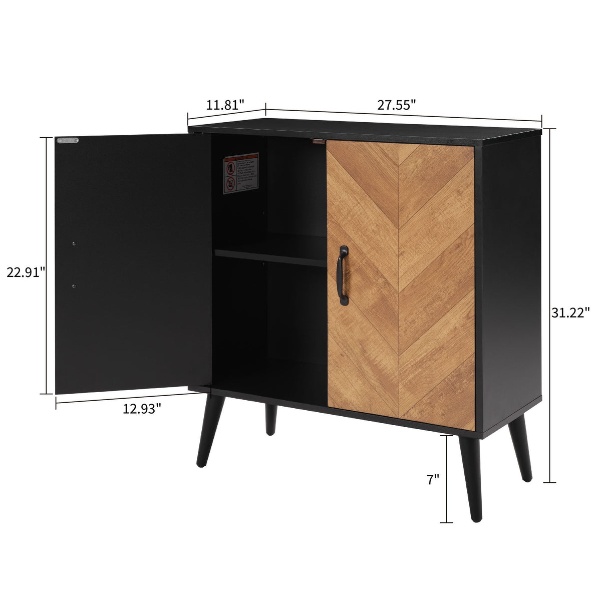 Accent Cabinet with Adjustable Shelf, Kitchen Storage Cabinet with Herringbone Design, Black Sideboard for Living Room, Kitchen, Entryway