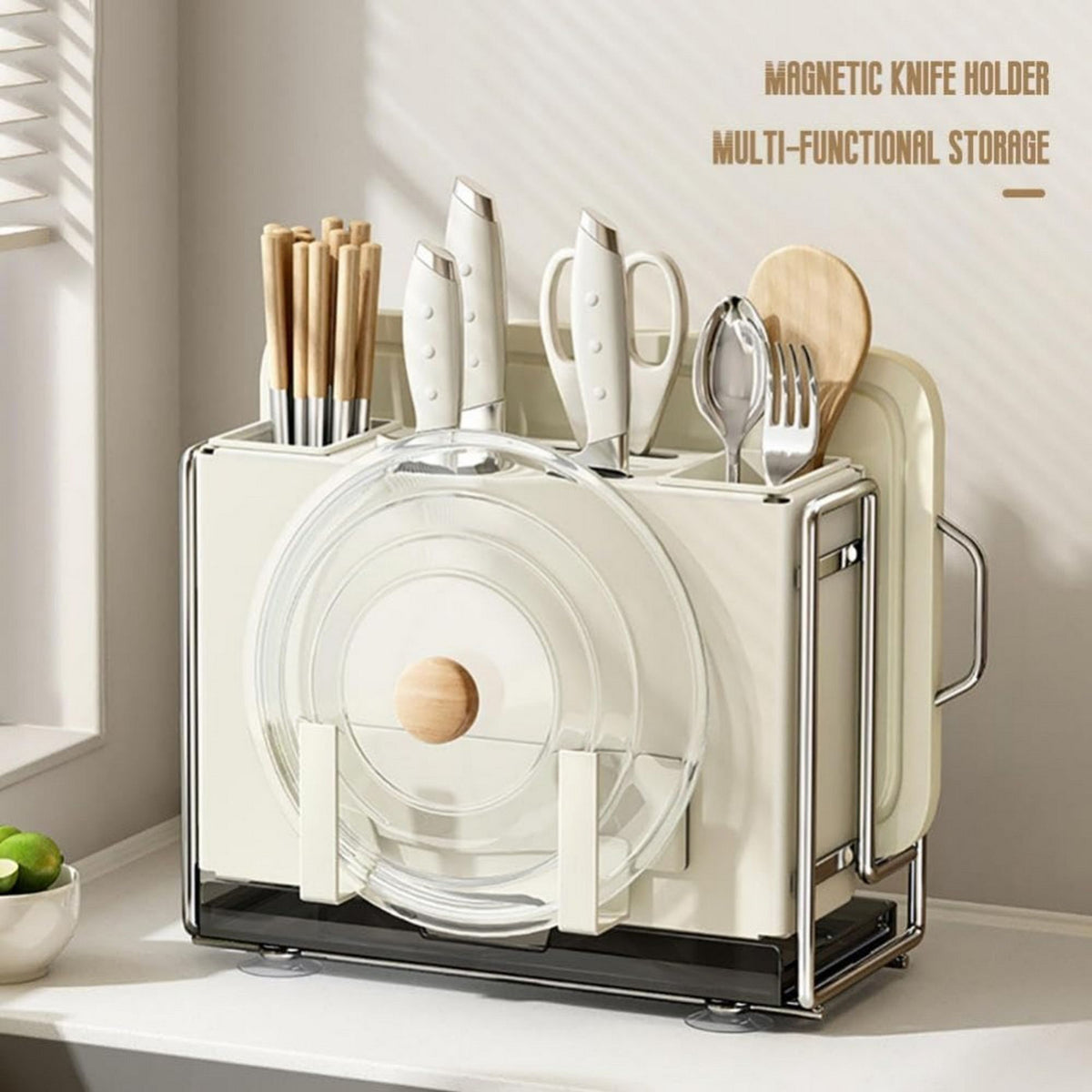 1 Universal Metal Kitchen Knife Holder with Chopping Board Storage, Knife - free. 6 - Slot Large - volume Design, Stable and Mountable on Countertop or Wall for Cutlery Organization