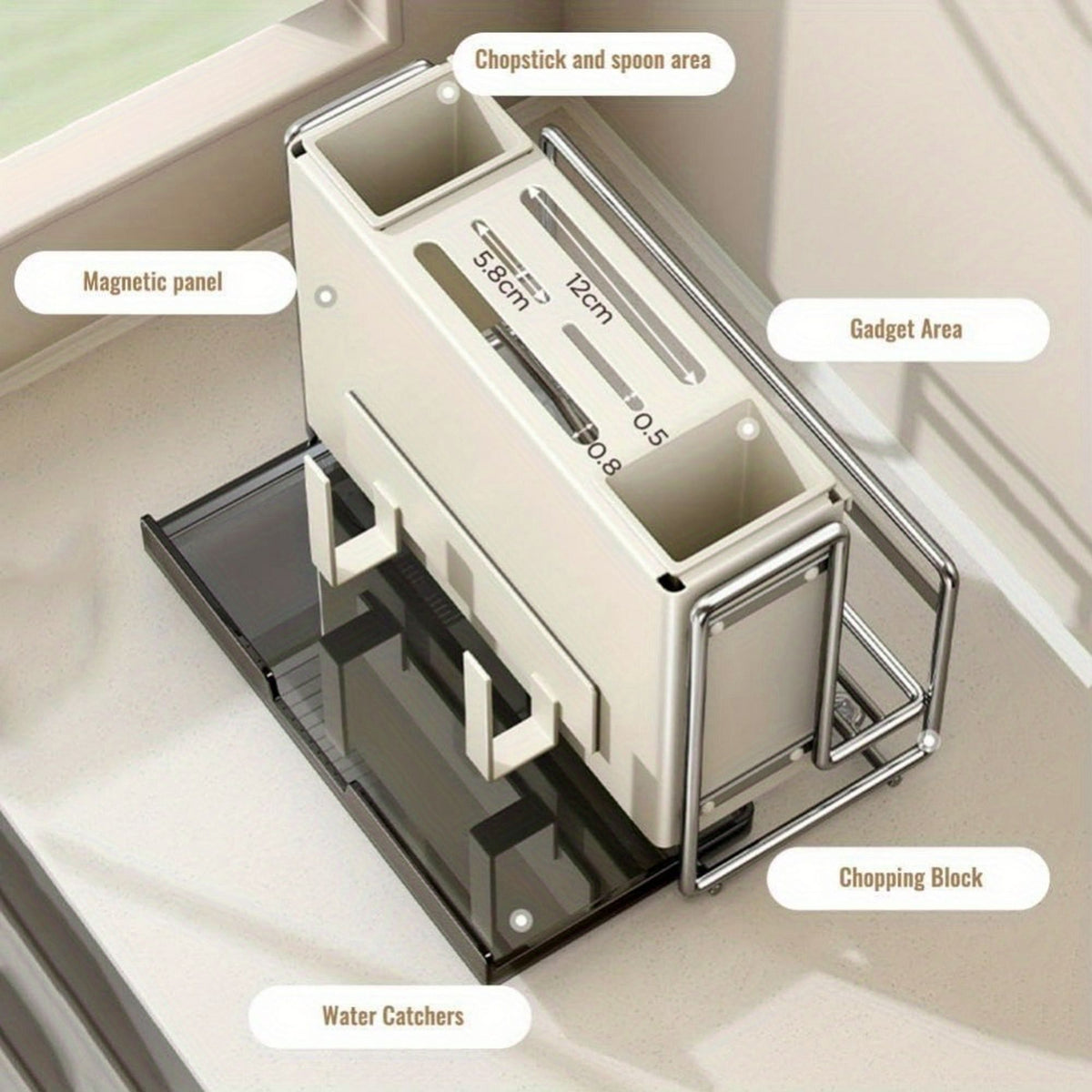 1 Universal Metal Kitchen Knife Holder with Chopping Board Storage, Knife - free. 6 - Slot Large - volume Design, Stable and Mountable on Countertop or Wall for Cutlery Organization