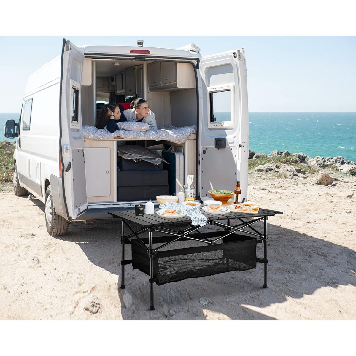 Folding Camping Table, Roll-up Ultra Compact Outdoor Portable Fold Up Lightweight beach Table, with Large Storage and Carry Bag, for Outdoor Cooking, Picnic, Camp, Boat, Travel