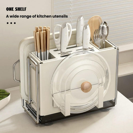 1 Universal Metal Kitchen Knife Holder with Chopping Board Storage, Knife - free. 6 - Slot Large - volume Design, Stable and Mountable on Countertop or Wall for Cutlery Organization