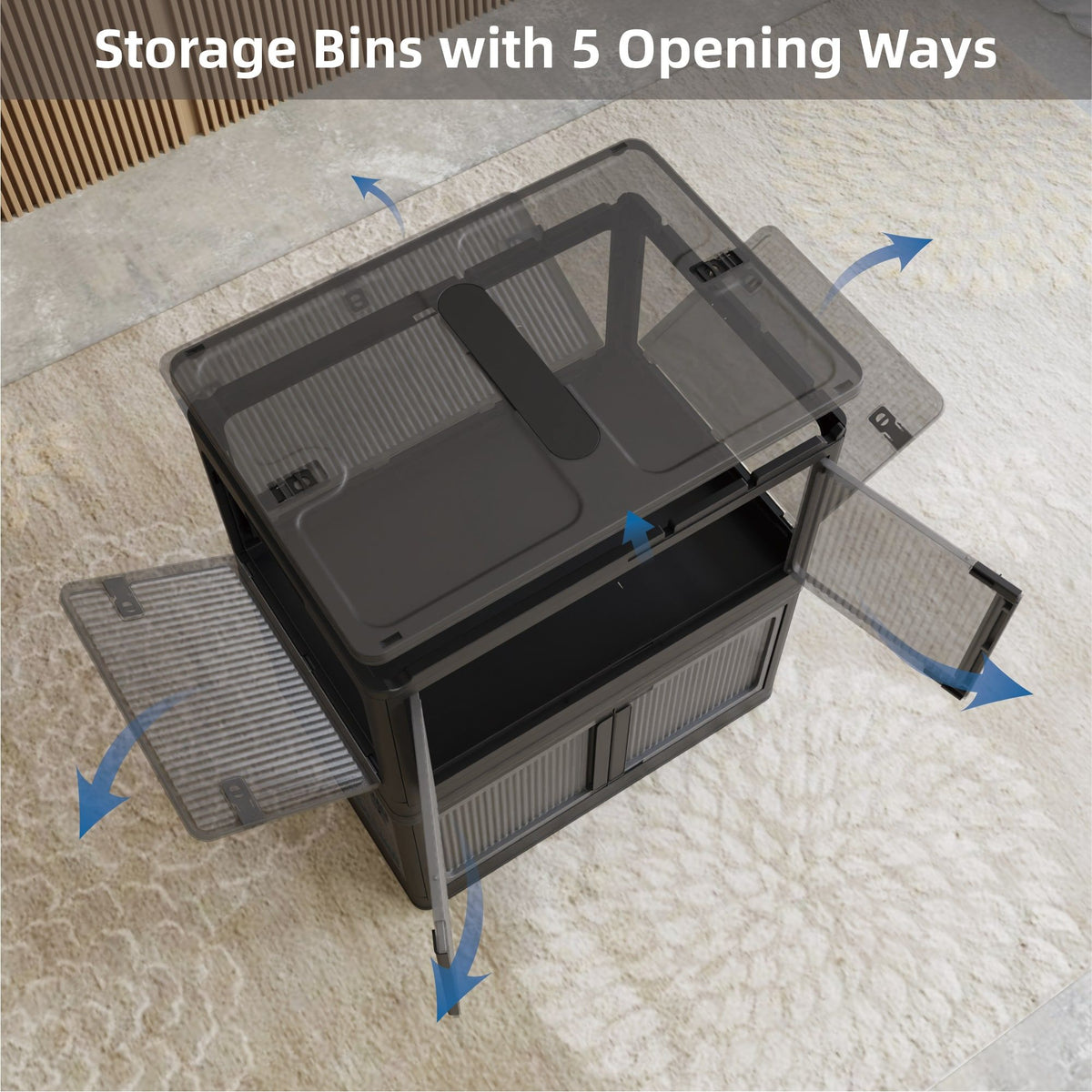 506QT 4-Pack Transparent Stackable Storage Bins with 5 Doors to Open with Wheels, Folding Plastic Craft Containers Large Closet Organizers Box for Bedrooms Living Rooms Study Kids' Toys, Black