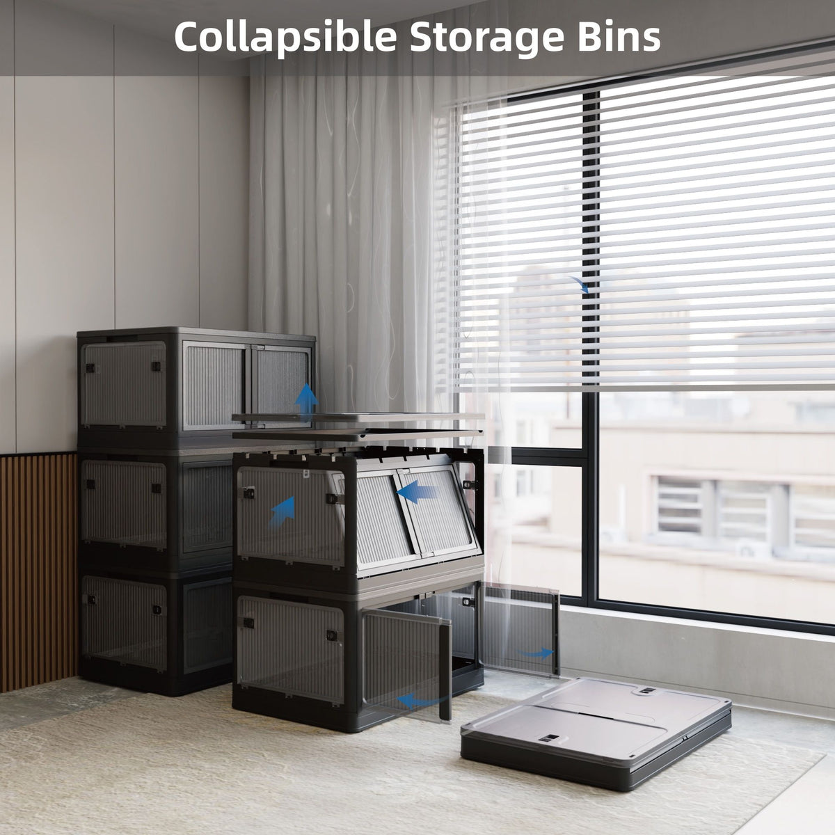 506QT 4-Pack Transparent Stackable Storage Bins with 5 Doors to Open with Wheels, Folding Plastic Craft Containers Large Closet Organizers Box for Bedrooms Living Rooms Study Kids' Toys, Black